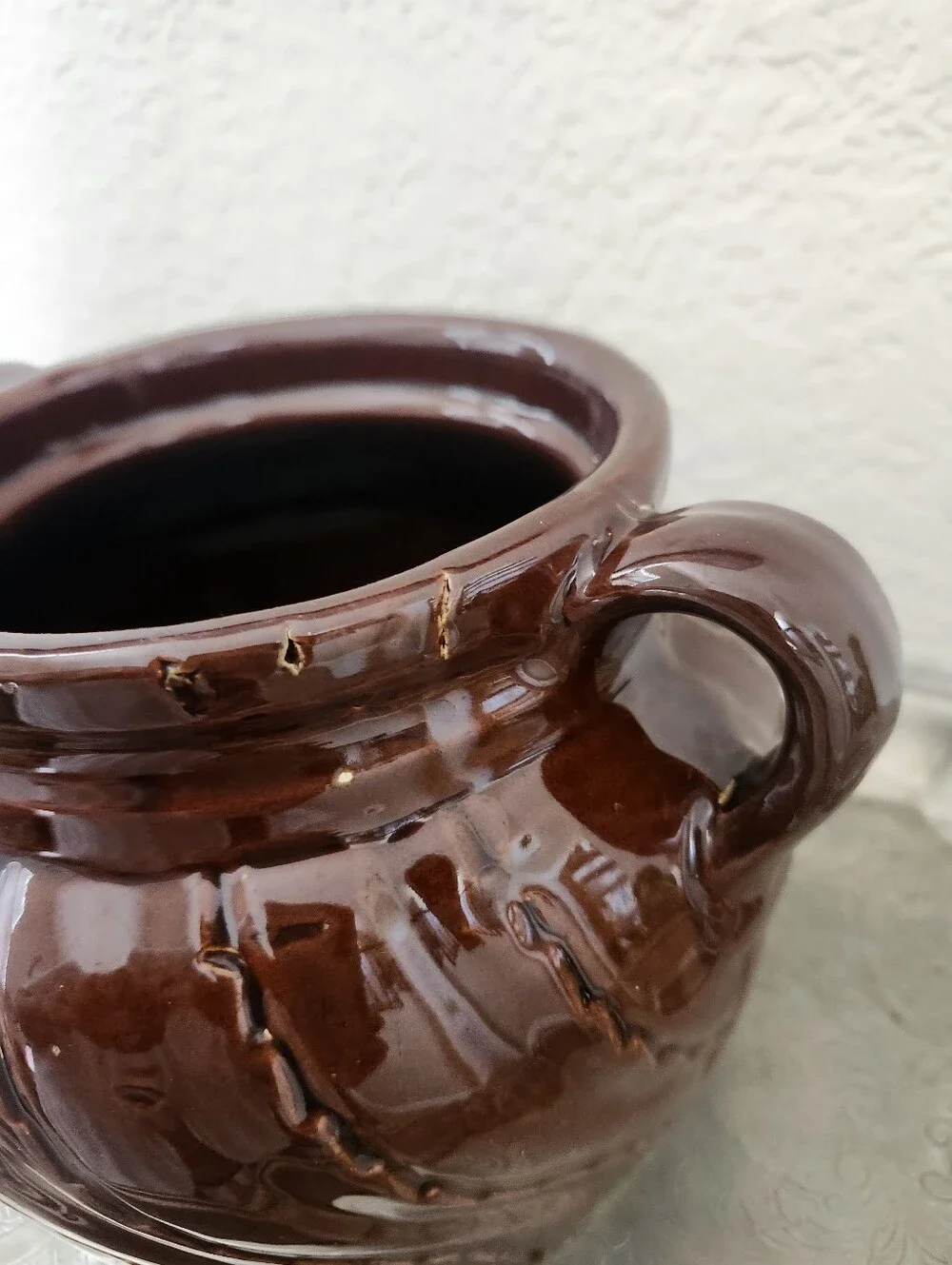 Vintage Brown Swirl Pattern Crock Vase With Handles Glazed